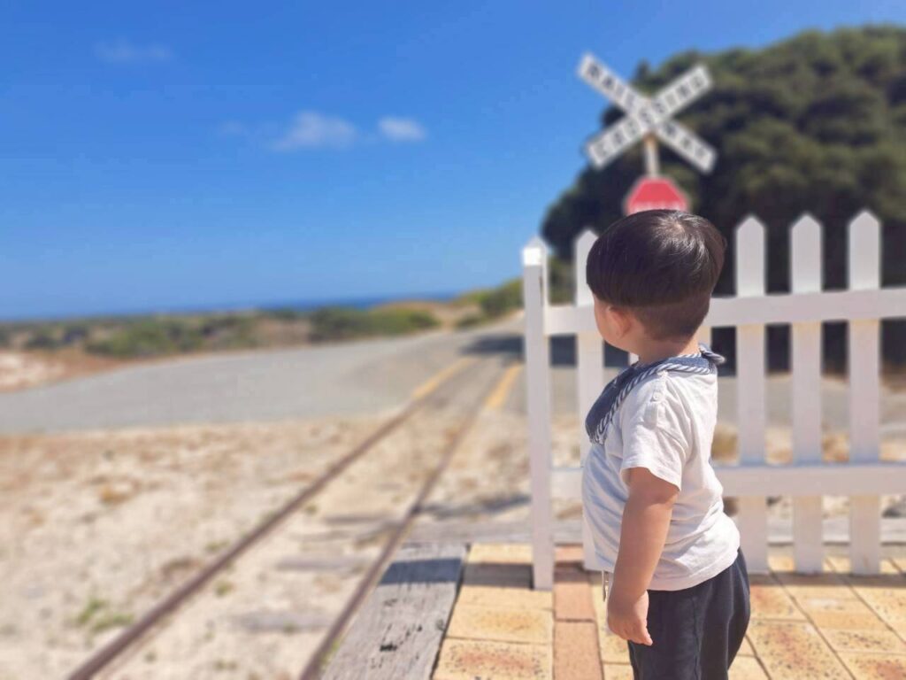 オーストラリア　ロットネスト島の青空の下、どこまでも続く線路の脇に立つ1歳の息子の後ろ姿。白い柵の向こうに広がる未知の世界をじっと見つめる、旅先での一コマ。