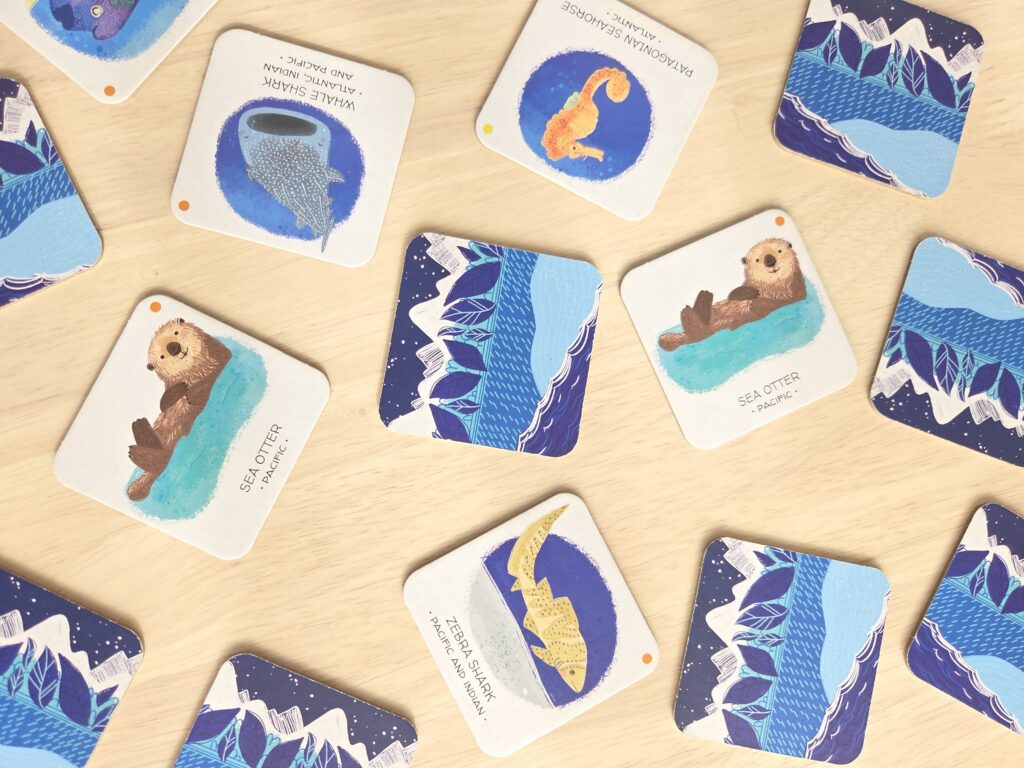 英語の知育カード。ラッコやジンベエザメが描かれた海の生き物の教材。